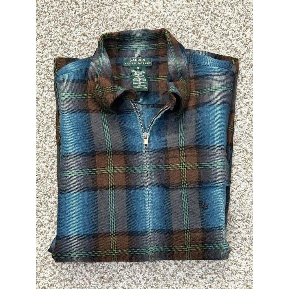 Lauren Ralph Lauren Men Blue Brown Plaid Wool Zip Shirt Jacket Leather Patches S